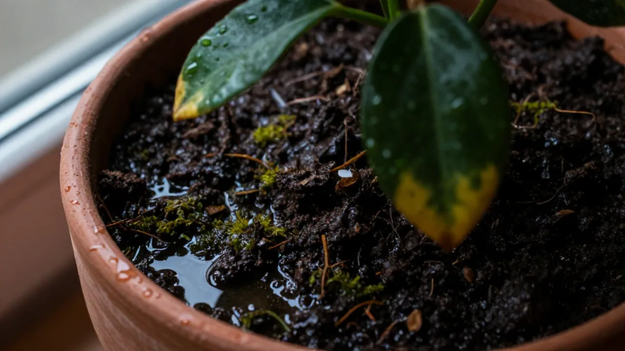 Planta de interior con hojas amarillentas en una maceta de barro con tierra muy húmeda y moho.
