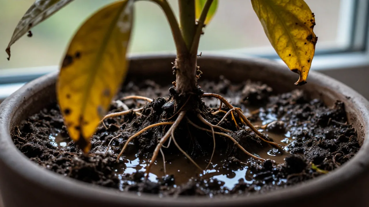 Planta con hojas amarillentas y marchitas en una maceta con tierra empapada y agua estancada.