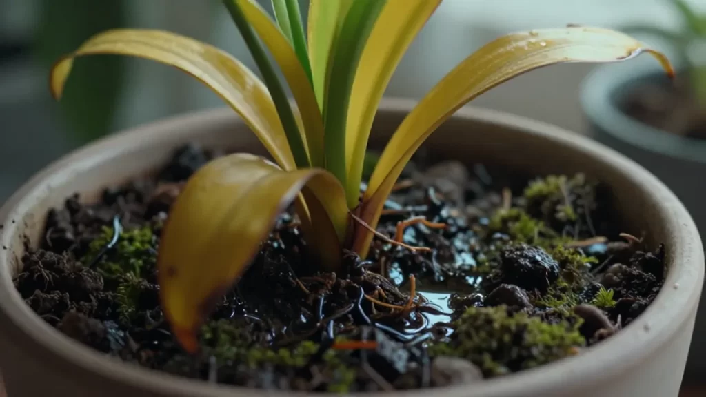 Planta de interior con hojas amarillentas y exceso de agua en la tierra húmeda.