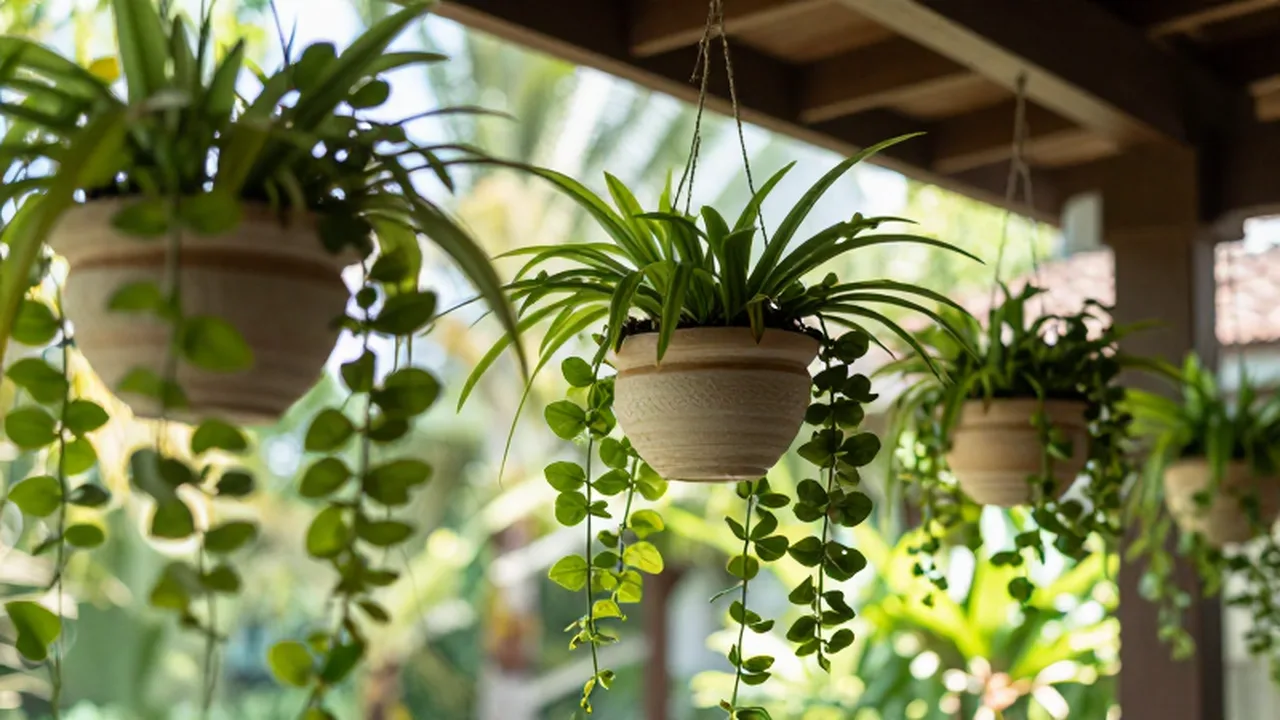 Plantas tropicales colgantes en macetas de cerámica suspendidas de un techo de madera bajo la luz del sol.