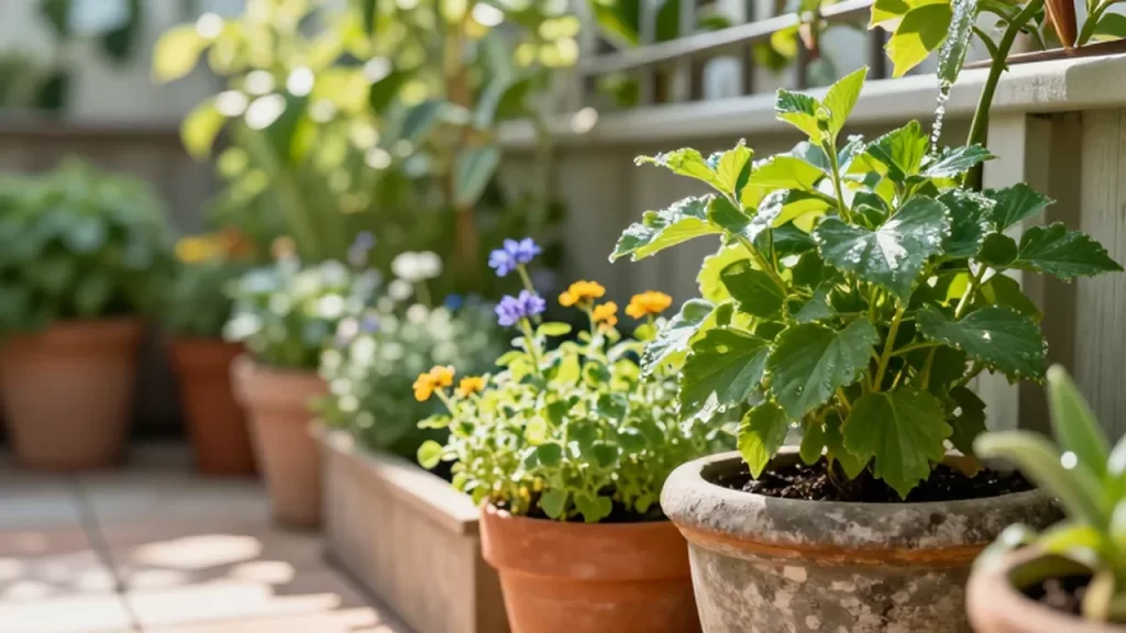 Agua cayendo sobre las hojas húmedas de una planta verde en un jardín soleado.