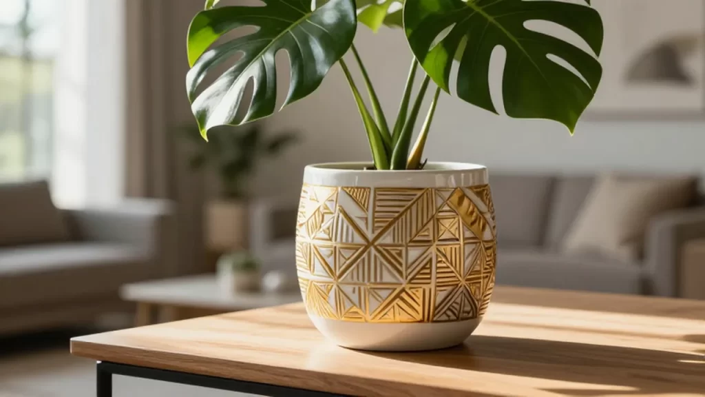 Planta Monstera Deliciosa en una maceta de cerámica con detalles dorados sobre una mesa de madera.
