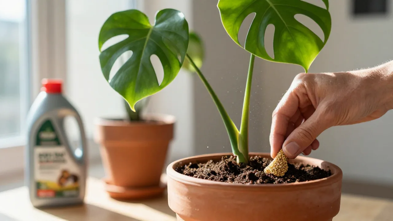 Unas manos esparcen fertilizante orgánico granular en la tierra de una Monstera deliciosa.