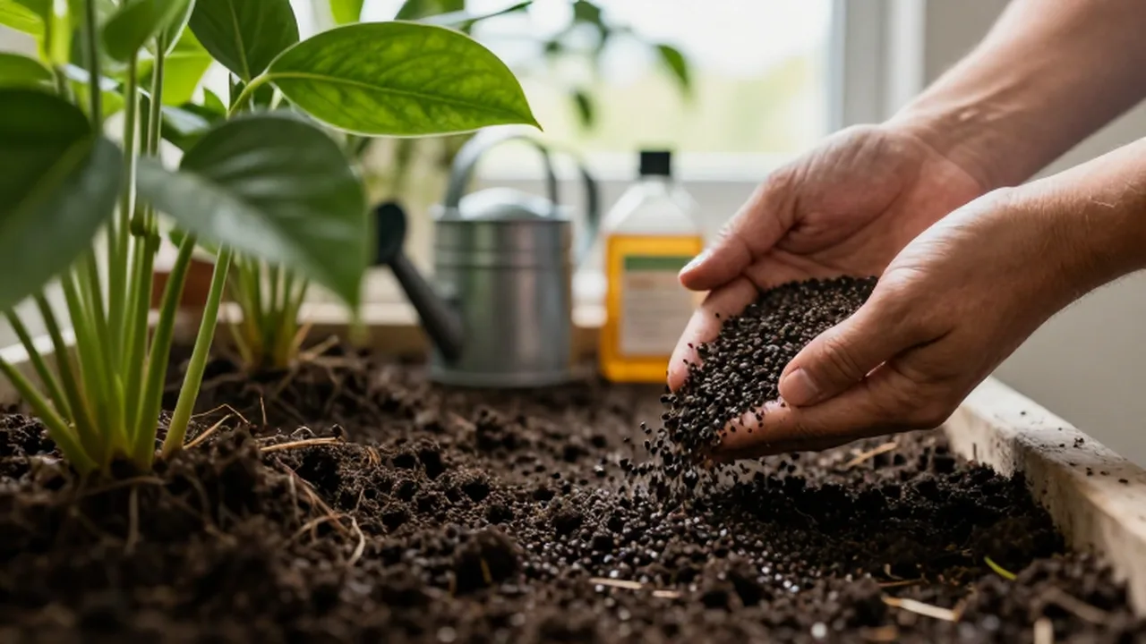 Manos de jardinero esparciendo fertilizante granular sobre la tierra húmeda de una planta de interior.