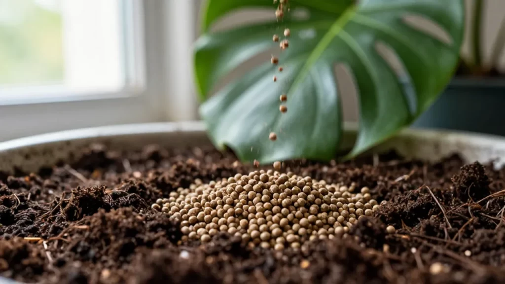 Granos de fertilizante orgánico esparcidos sobre tierra oscura junto a una hoja de Monstera.
