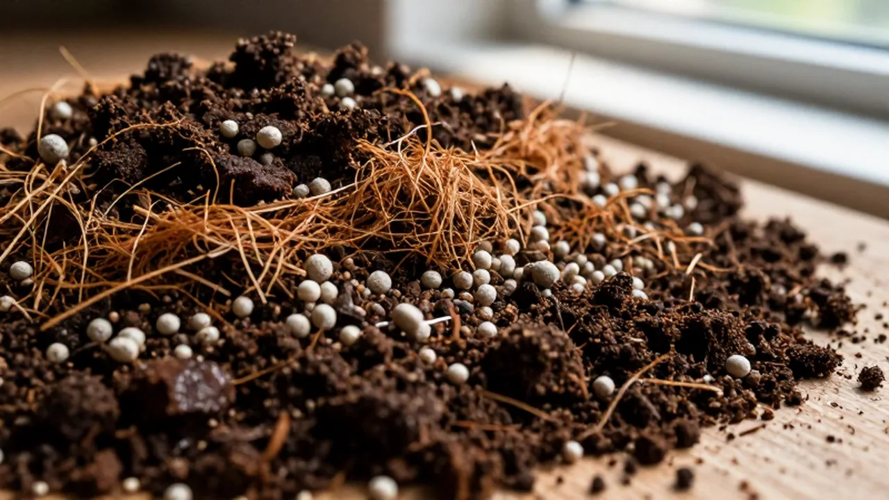 Primer plano de una mezcla de tierra orgánica rica en compost y perlita sobre una mesa de madera.