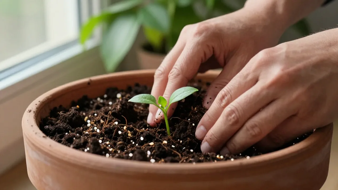 Manos de un jardinero mezclando compost orgánico en una maceta con un pequeño brote verde.